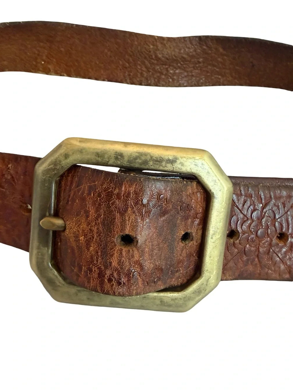 Old Stud Handmade Brown Leather Belt Embossed Floral Stamped Unique Everyday